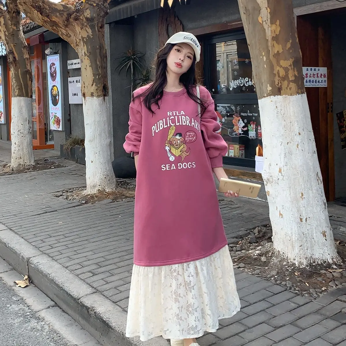 Oversized Loose Dresses Femme Casual Patchwork Lace O-neck Long Sleeve Tshirt Dress Autumn Winter Fashionable Ruffles Long Dress