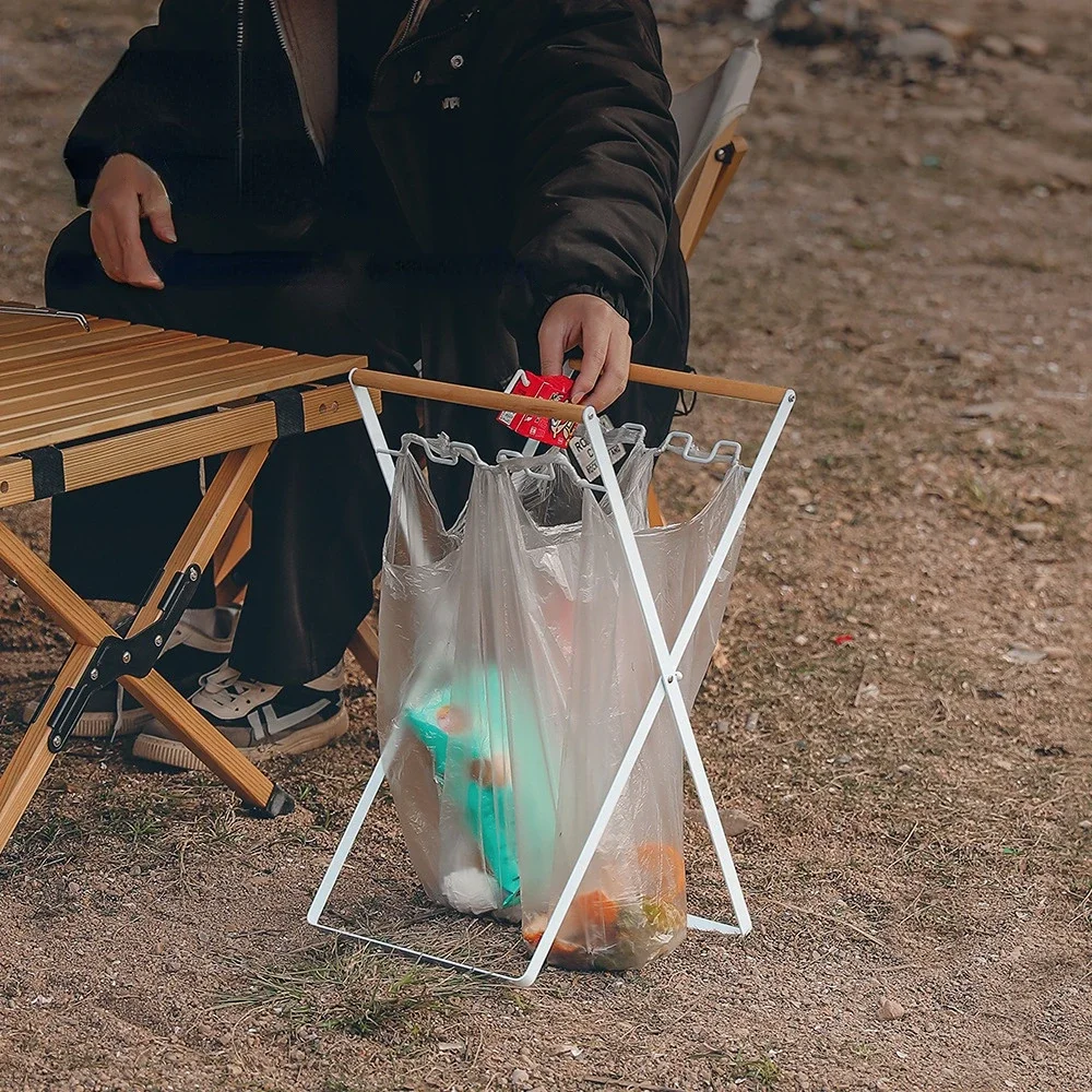 

Outdoor Foldable Kitchen Debris Storage Rack Camping Wooden Handle Bracket Home Portable Plastic Garbage Bag Shelf