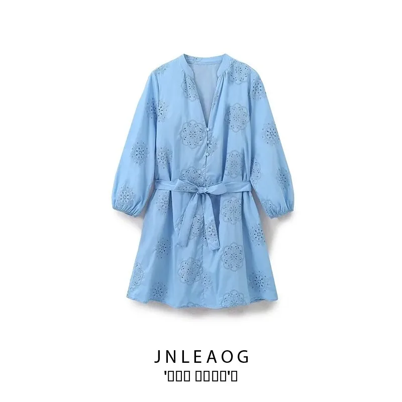 

JNLEAOG Autumn New Women's Design Pred Glue Embroidery Decorative Silk Dr Street Sle Long Sve Polyester Fiber