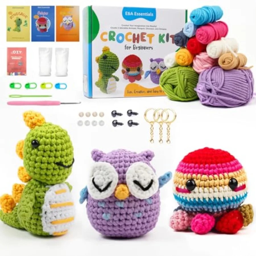 

Crochet Kit for Beginners Crochet Animal Kit with Video Tutorials and Soft Yarn Craft Kits for Teens and Adults: Penguin Dinosa