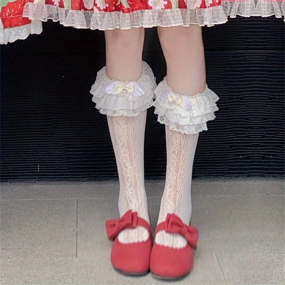 Sweet Girls Lolita Milky White Bow Lace Long-tube Calf Socks Ladies JK Hollow Out Pattern Stockings Themed Party Dress Accessory