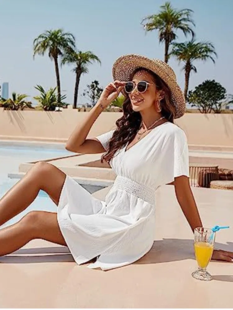 

Boho Summer Women's Chiffon Beach Dresses Solid V-neck Short Sleeve Elastic High Waist Ladies Elegant Fashion Casual Sexy Dress
