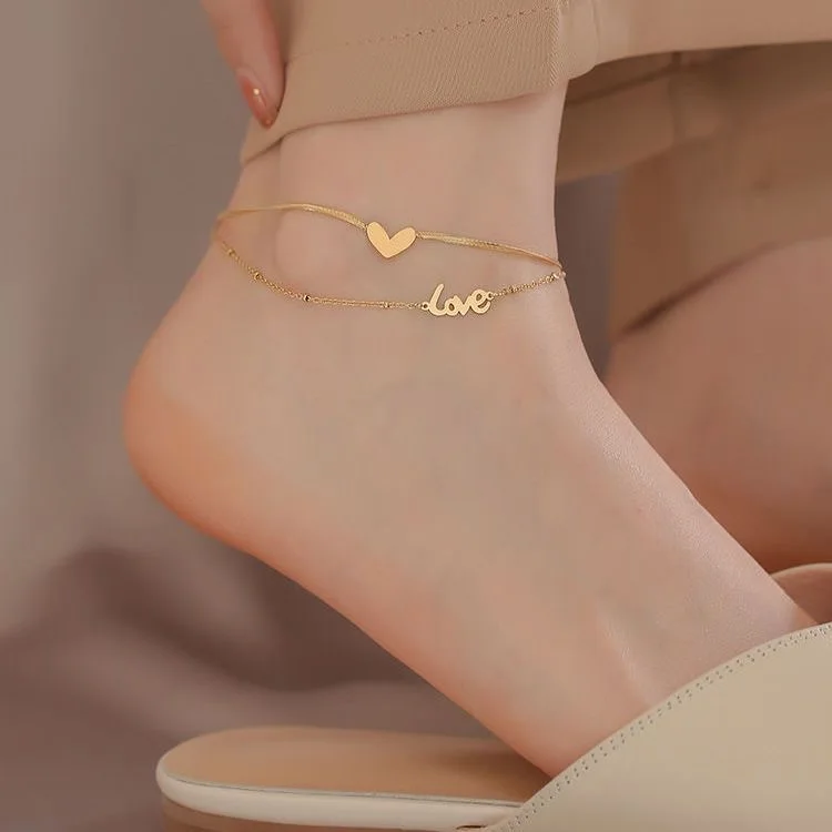 

2023 new trend double-sided titanium steel double-layer love anklet women's fashion plated 18K gold versatile simple foot acceie
