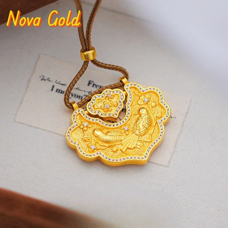 NovaGlod Luxury 9999 24K real gold ancient method micro-intact diamond ruyi lock bag pendant women's new Chinese-style rope neck