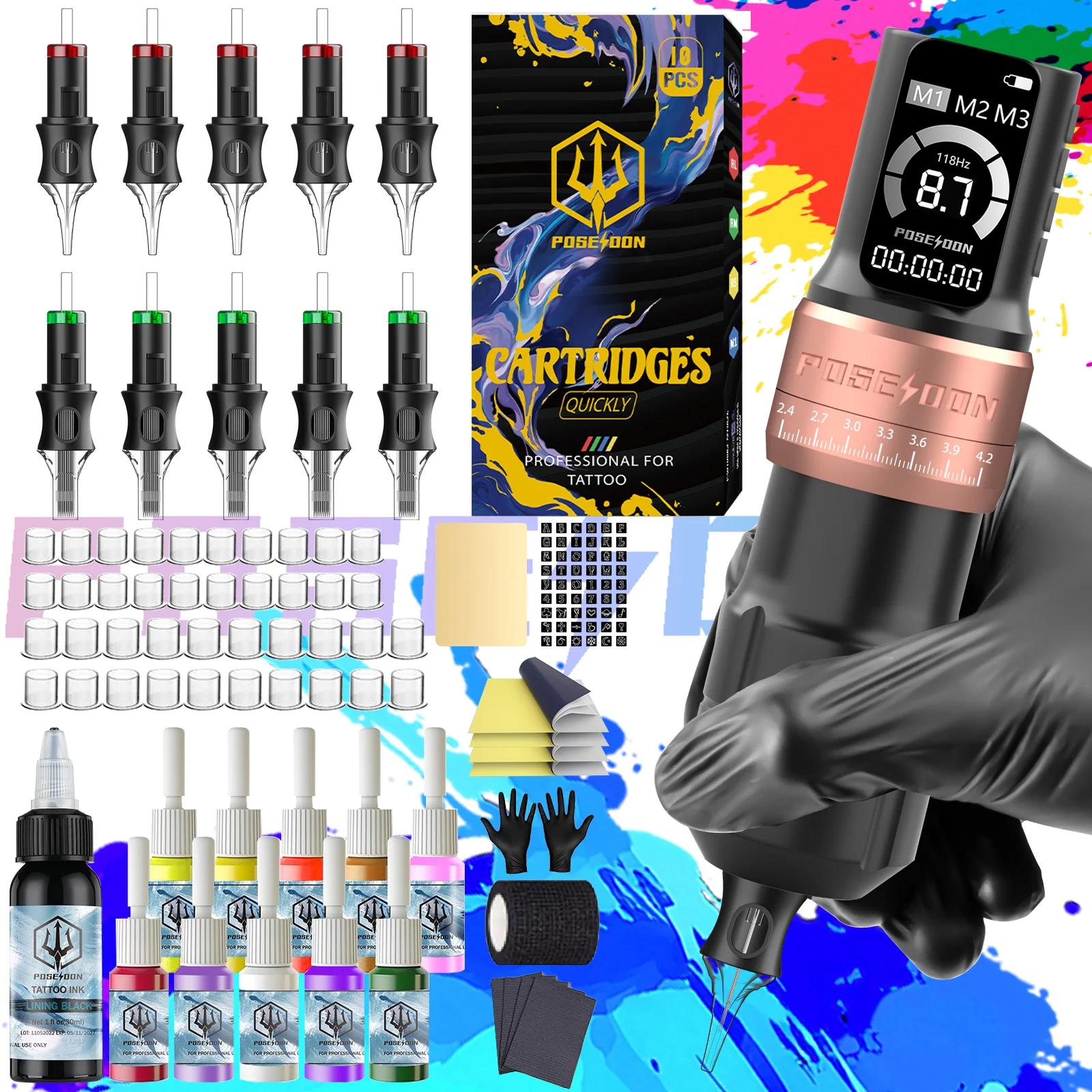 

Tattoo Kit POSEIDON Adjustable Tattoo Pen Kit For Permanent Makeup Tattoo Machine Kit High Quality Wireless Tattoo Gun Kit