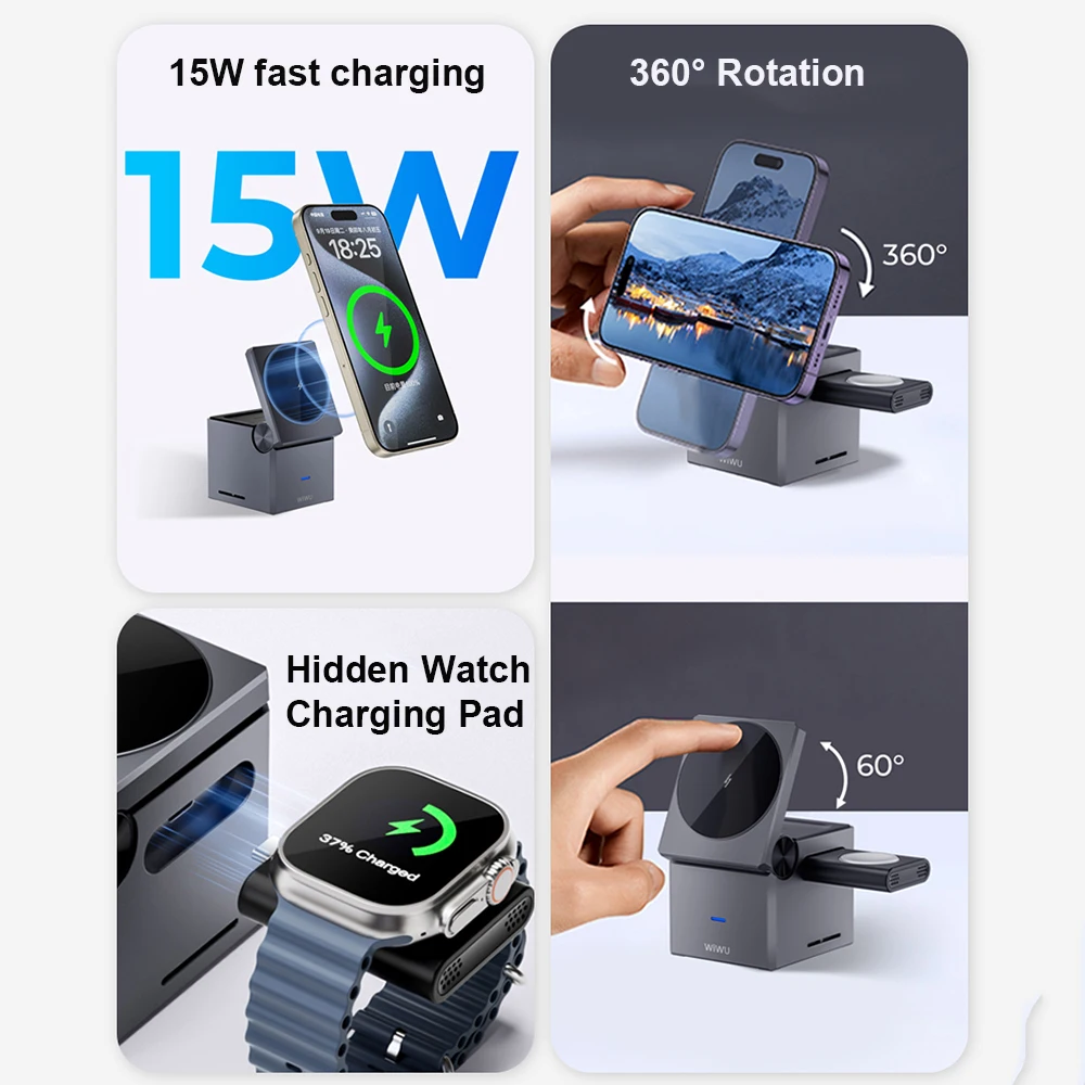 WiWU 3 in 1 Wireless Charger for iPhone 16 15 14 13 12 Universal Smart Charger for iWatch Earphone Mobile Phone Stand Charging - Image 3