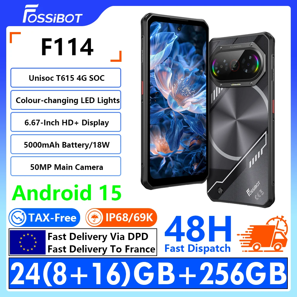[Expédié depuis l'Europe] Smartphone robuste FOSSiBOT F114 Unisoc T615 4G Écran HD+ de 6,67 pouces 16(4+12) Go de RAM + 128 Go de ROM Android 15 Appareil photo 50MP+8MP Batterie 5000 mAh IP68/IP69K NFC/Face ID/GPS