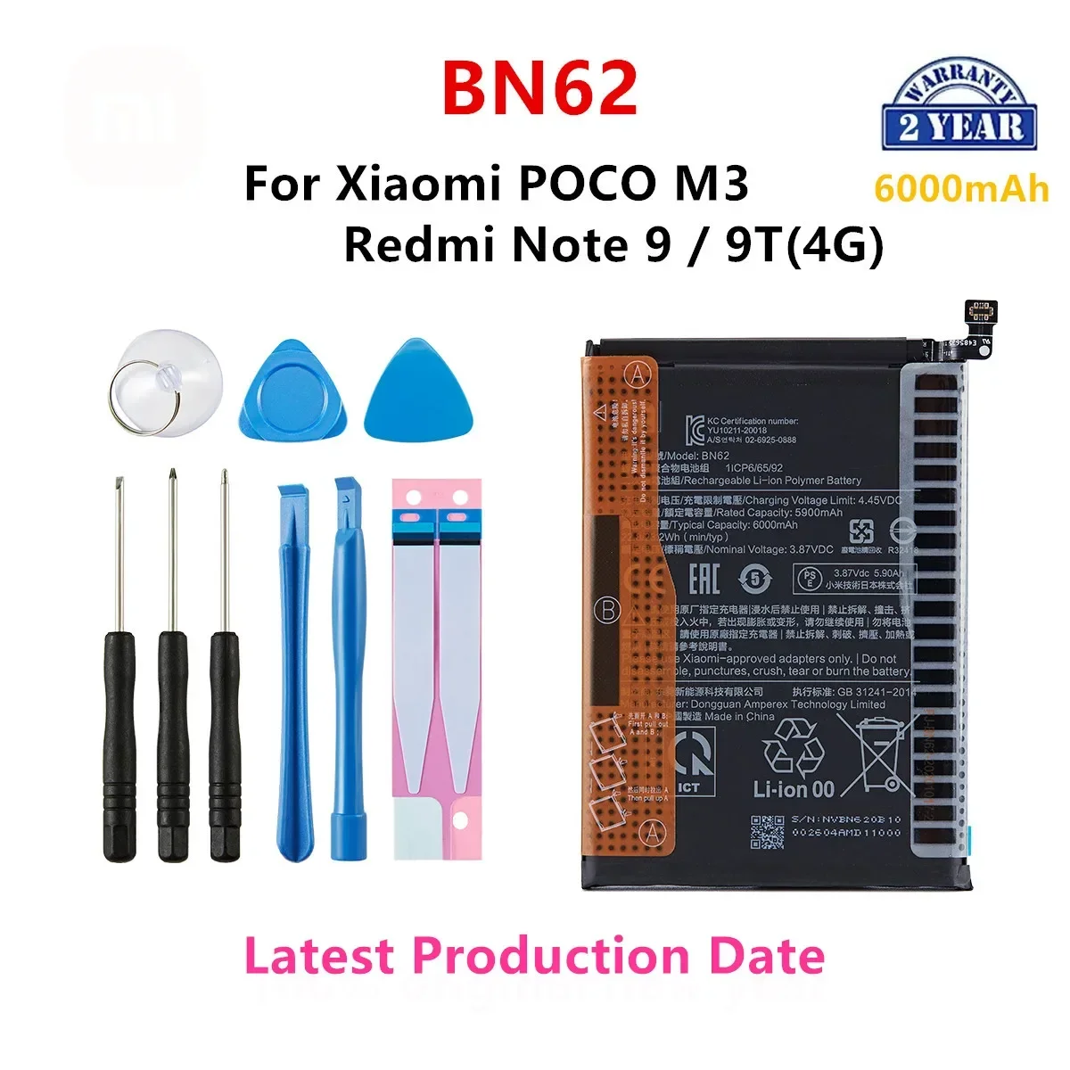 Brand New BN62 6000mAh Battery For Xiaomi  POCO M3 Redmi Note 9  Redmi  9T 4G  Phone Replacement Batteries+Tools