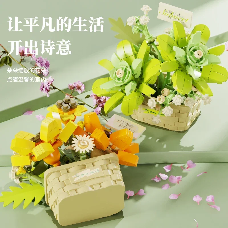 Spot Moonlight Society Building Blocks Flower Blooming Secret Language Flower Basket Trendy Play Assembly Movable Ornament Model