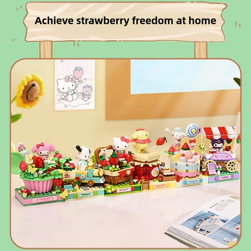New Keeppley Building Block Sanrio Strawberry Town Set Olá Kitty Estatueta Decoração Modelo Criativo Brinquedos Infantis Girl Gift