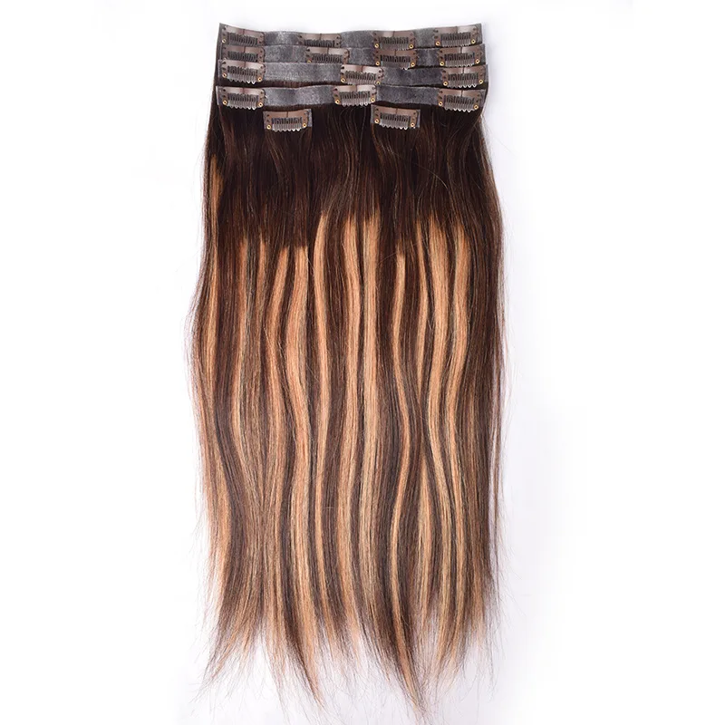 Seamless Pu Clip in Hair Extensions Human Hair Natural Straigh Brazilian Virgin Hairpiece Double Weft Extensions For Full Head