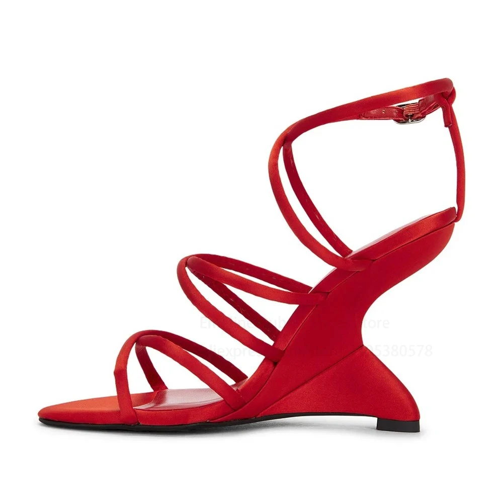 

Satin Strappy Wedge Sandals Chic Ankle Strap Suede Open Round Toe Women High Heel Sandals for Party Evening Prom Custom Color
