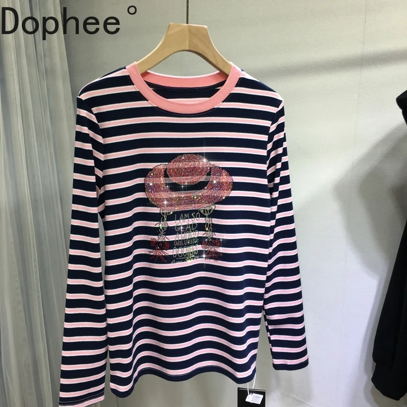 

Женская футболка большого размера с длинным рукавом, новый осенне-зимний пуловер в полоску с цветными блоками, базовый топ, элегантные женские хлопковые футболки с бриллиантами