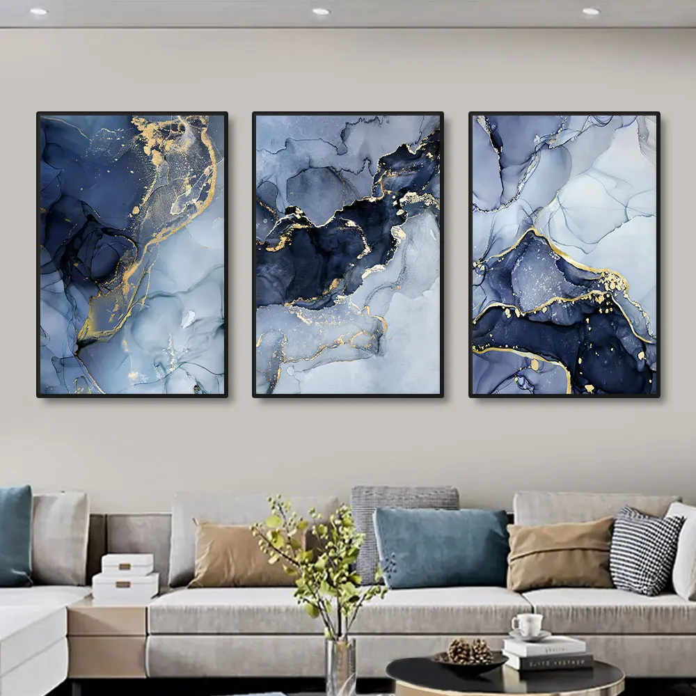 3pcs Modern Gold Blue Marble Wall Art Posters Abstract Canvas Painting Prints Pictures Living Room Interior Home Decoration