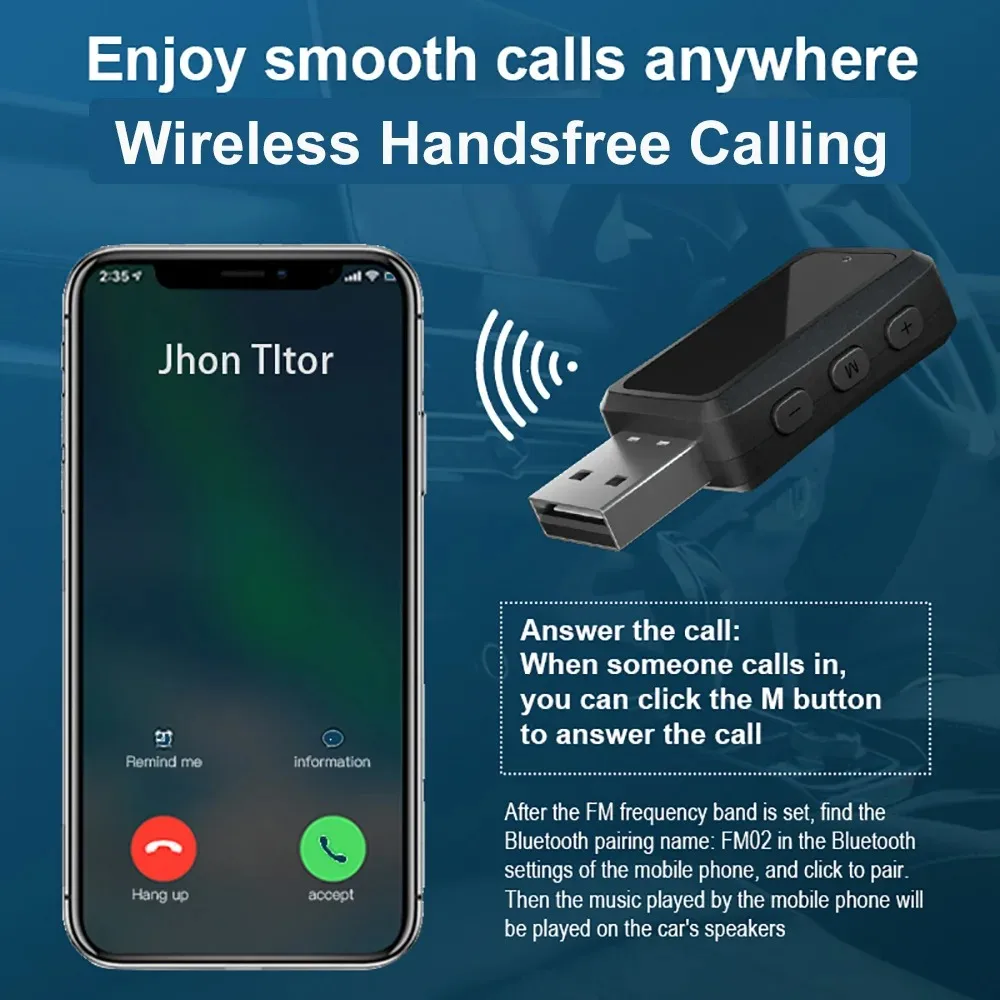 Receptor y transmisor Bluetooth 5,4, adaptador de Audio inalámbrico USB con micrófono, llamada manos libres, música para coche, Radio FM, Kit de alimentación USB para coche