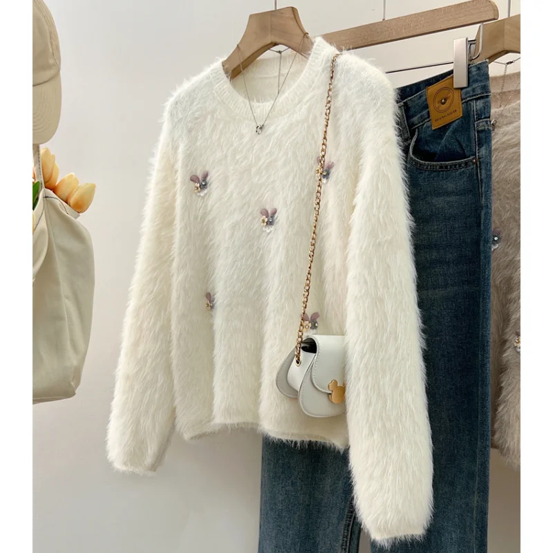 

Women Apricot Clothing Vintage Knitting Sweater Long Sleeve Cotton Casual Fashion ButterFly Design Female Pink Winter Tops