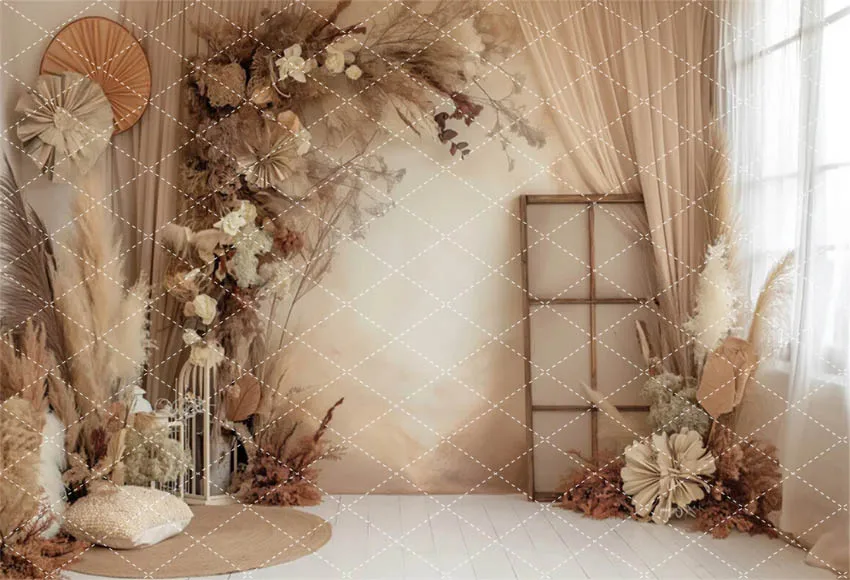 Mehofond Photography Backdrop Boho Wall Pregnant Portrait Girl Birthday Party Pampas Grass Window Curtain Decor Photo Background
