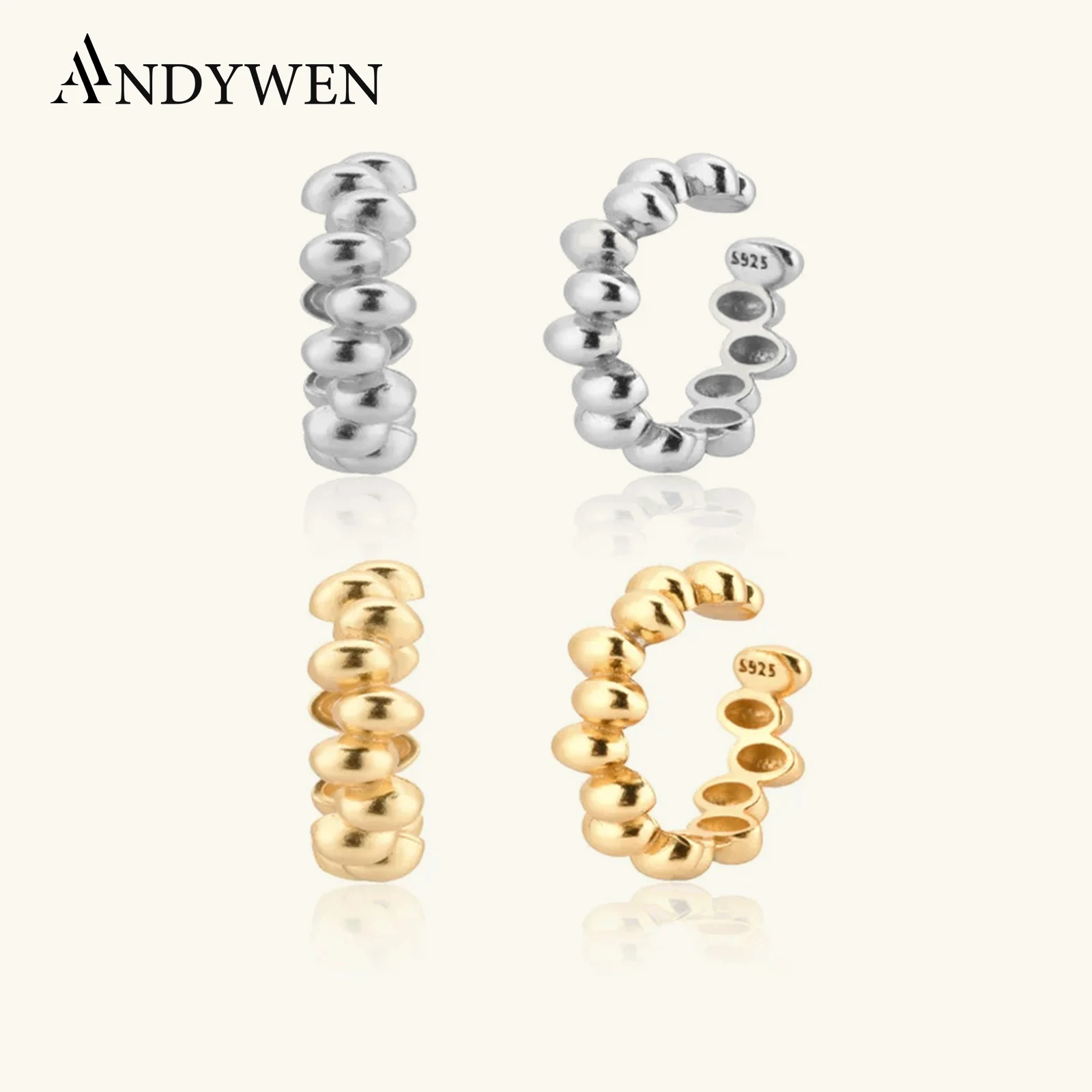 ANDYWEN 925 Sterling Silver Gold Beads Charms Ear Cuff Earring Earcuff None Piercing Clips Cuffs Women Party Rock Fine Jewelry