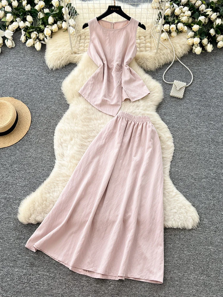 

Summer Beach Vacation Leisure Set Women Summer New Simple Cotton Blue Vest Elastic Waist Skirt Fashionable Two-piece Set S566