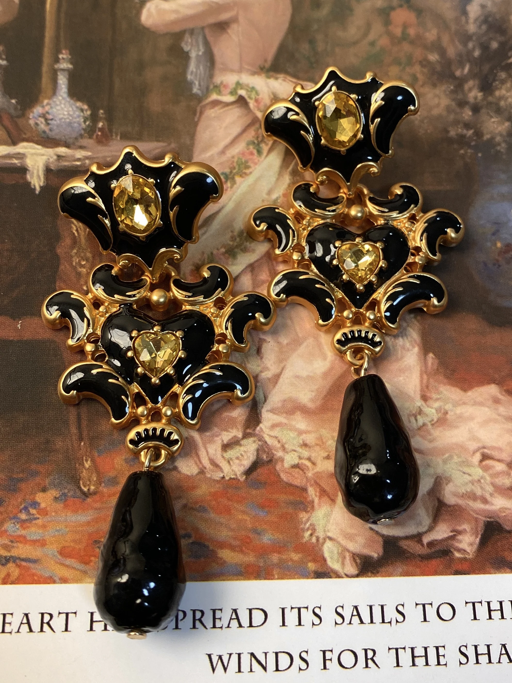 

Vintage Temperament Black gold enamel with Rhinestone earrings for women's girl Eardrop Brooch gift Party fine Jewelry