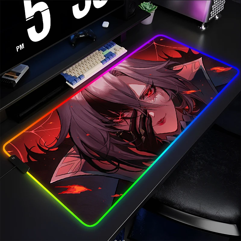 

RGB Mouse Pad Computer Laptop Anime Girl Keyboard Pad Genshin Impact Arlecchino Mouse Mat LED Mousepad Gamer Decoracion Desk Mat