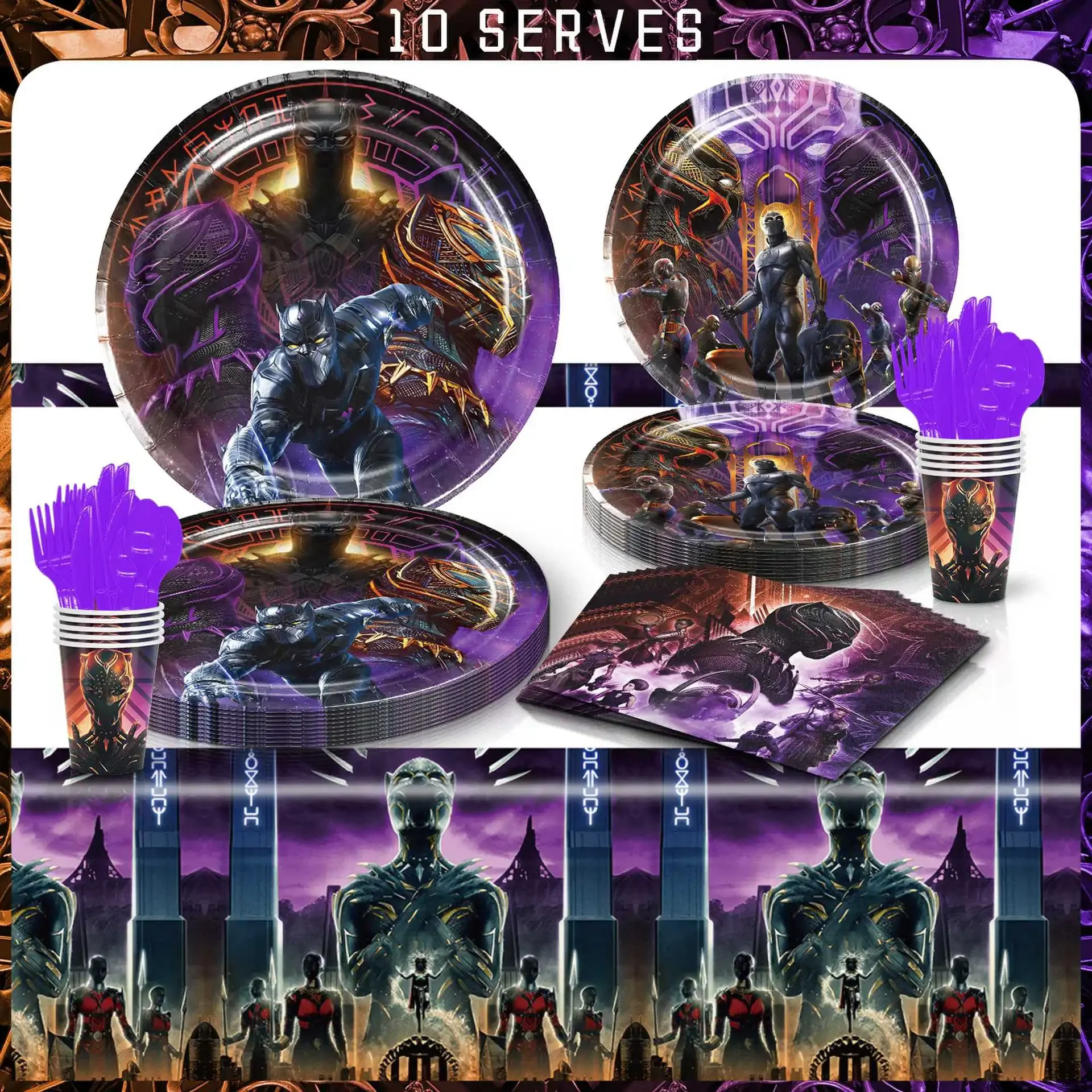 Black Panther Party Supplies Boys and Girls Birthday Party Paper Tableware Set Paper Plate Cup Napkins Baby Shower Decorations