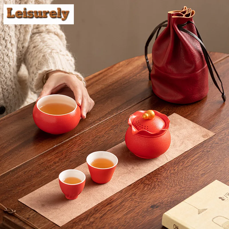 Creative Lucky Bag Red Porcelain Tea Set Kit Retro 1 Pot 3 Cups Tea Maker Outdoor Portable Travel Leather Handbag Teaset Gift