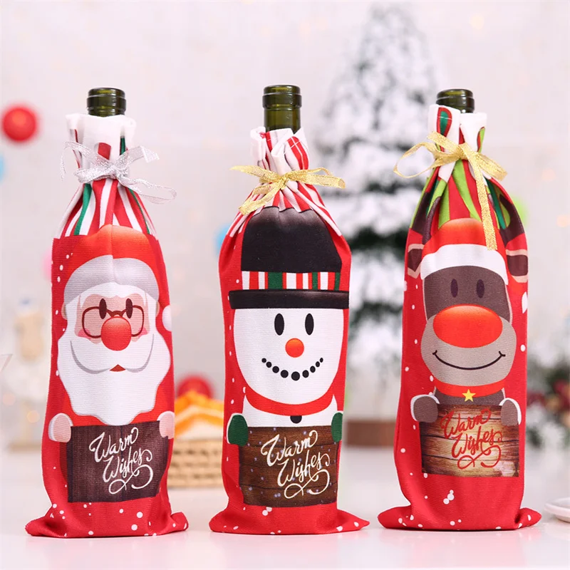 Kerst Wijnfles Hoezen Santa Claus Sneeuwpop Elanden Bedrukt Wijnfles Zak Champagne Fles Cover Kersttafel Decor Voor Thuis