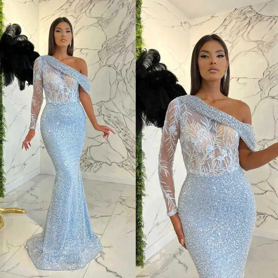 

Классические вечерние платья для женщин, платье на одно плечо с длинными рукавами и блестками, аппликациями, платье со шлейфом, вечернее платье по индивидуальному заказу