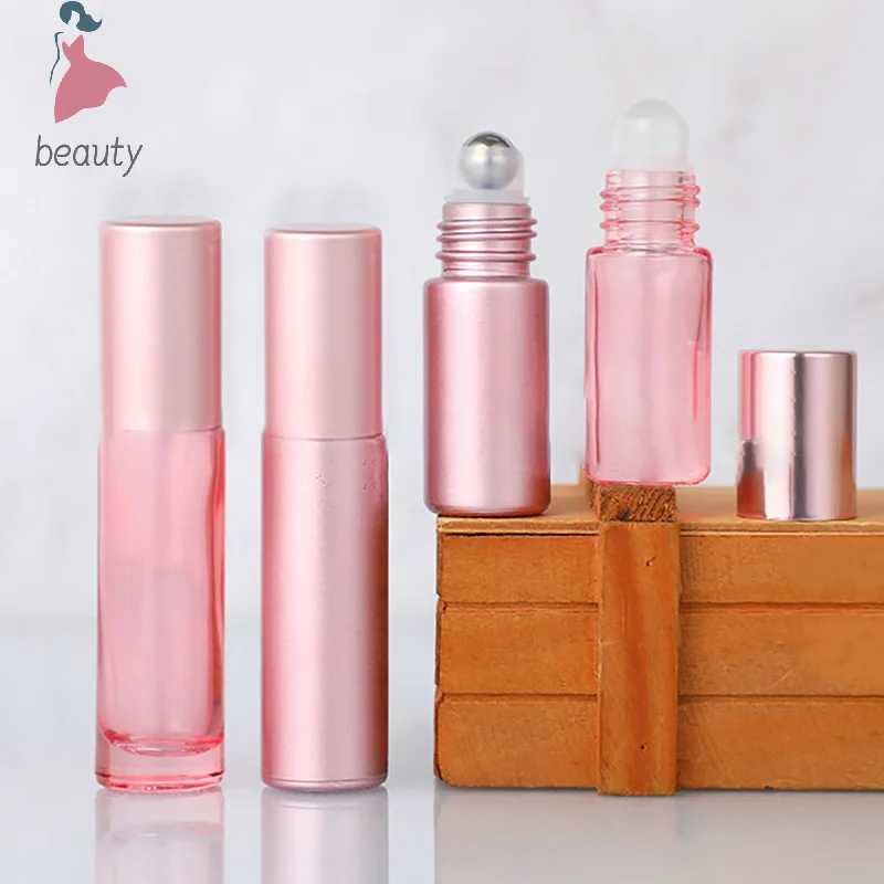 1PCS Glass Roll On Bottle 5/10ml Pink Roller Bottle Essential Oil Lip Gloss Refillable Tube Empty Jar Glass Perfume Bottle