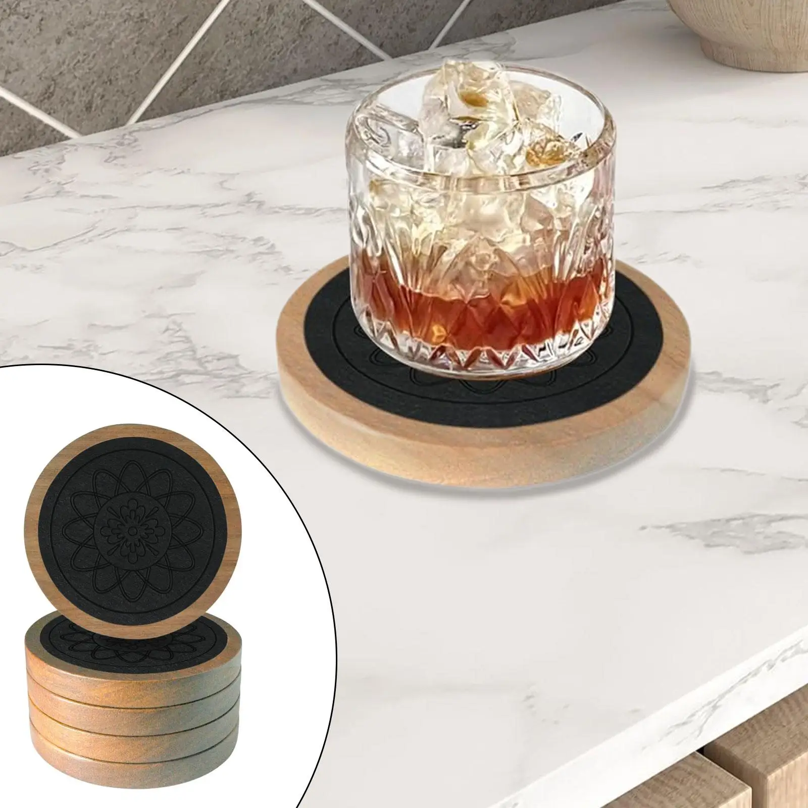 5 Pieces Wooden Drink Coaster Countertop Coaster Decor Table Protection Heat Resistant Cup Mats for Office Living Rooms Kitchens