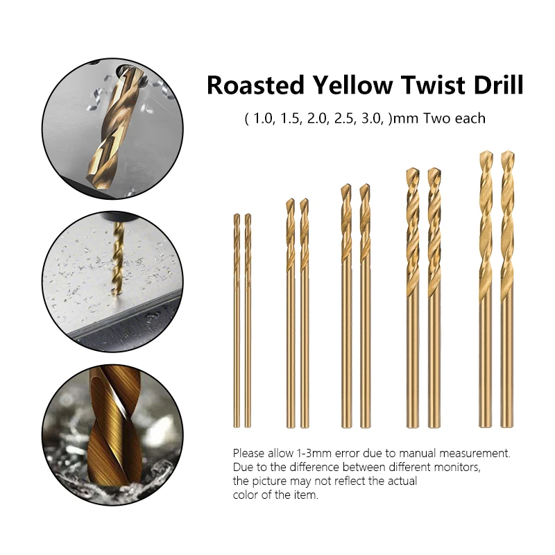 10pcs Twist Drill Bit Set 1.0-3.0mm Metal Stainless Steel Hole Cutter For Wood Metal Drill HSS Cobalt Coated Drill Bit Set