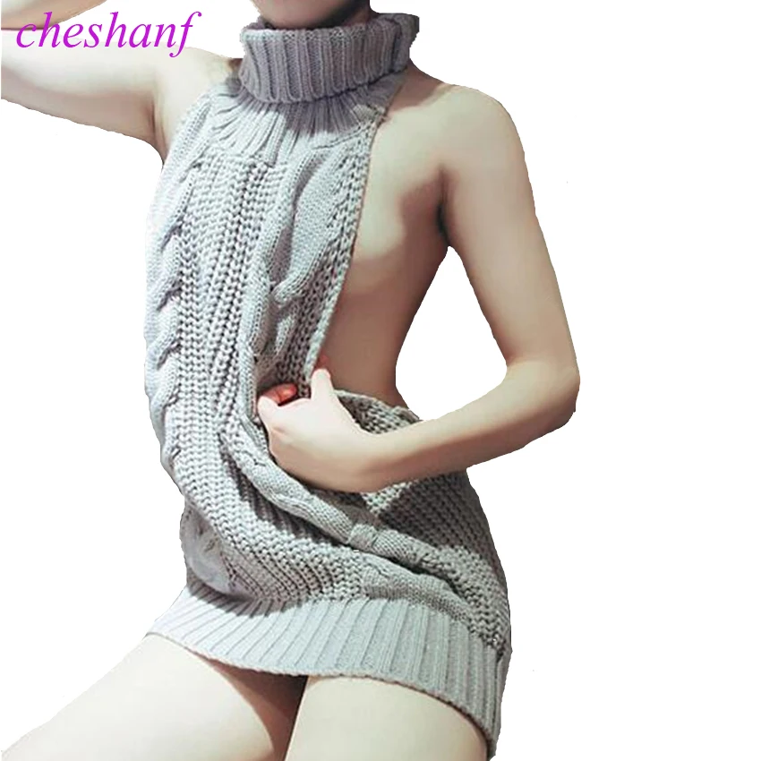 2022 Summer New Turtleneck Sleeveless Long Virgin Killer Sweater Japanes Knitted Sexy backless Women Sweaters And Pullovers