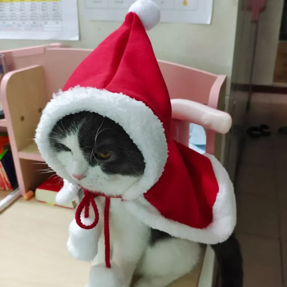 Cat Christmas Hooded Cloak Pet Dog Costume Cape with Hat Cute Kitten Puppy Red Poncho Santa Claus Cosplay Robe for Xmas Party