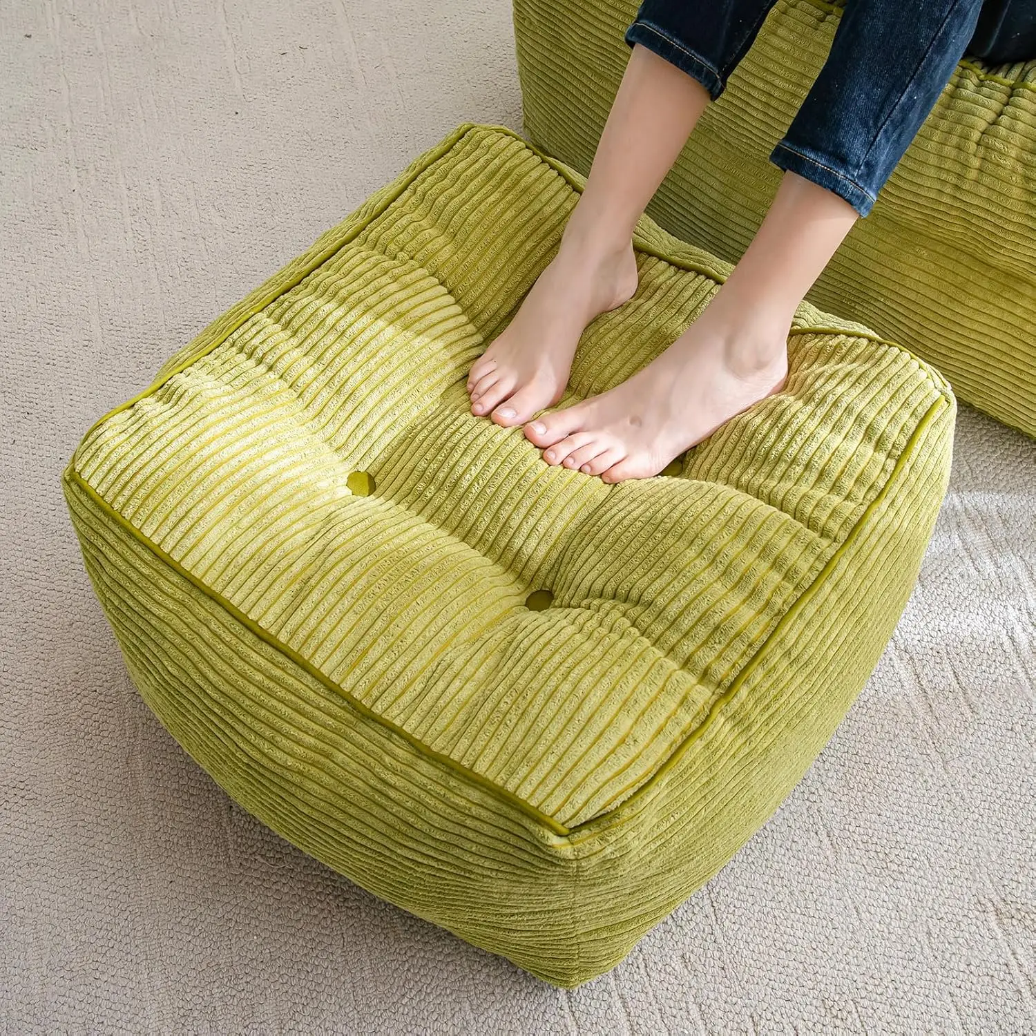 Square Stuffed Pouf Ottoman, Corduroy Poufs with Foam Chunk Filling, Furry and Fluffy Pouf Foot Stool Storage Ottoman, 2
