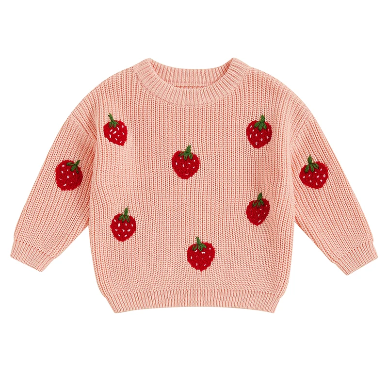 Toddler Girls Sweater Strawberry Embroidered Long Sleeve Pullovers Fall Winter Kids Clothes Baby Jumpers Tops