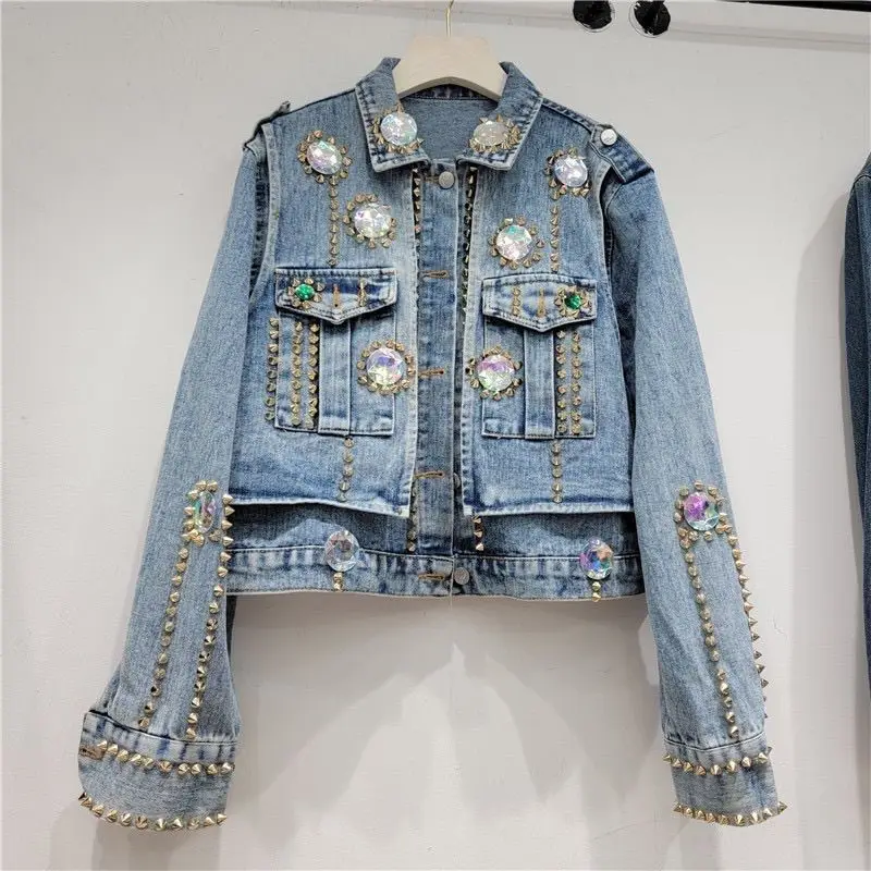 Women Denim Coat Patch Design Colored Big Crystal Embroidered Flares Rivet Blue Bomber Jackets Spring Autumn Cropped Jacket Tops