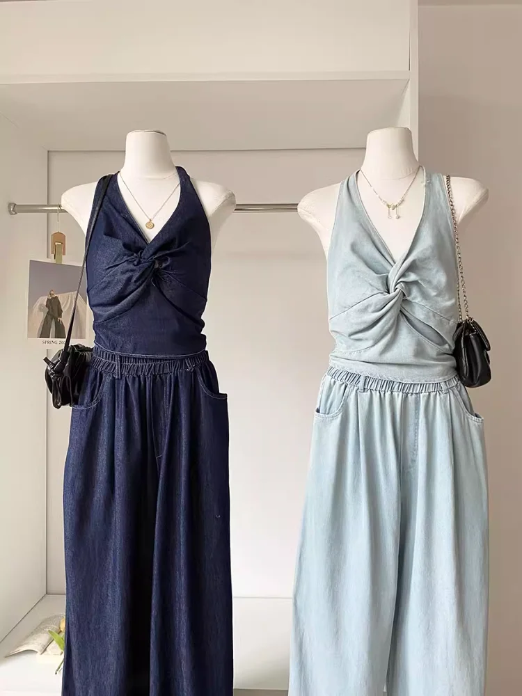 

High Quality Soft Thin Blue Denim 2 Piece Sets Women Outfits Korean Sweet Women Backless Halter Camisole Wide Leg Pants Female