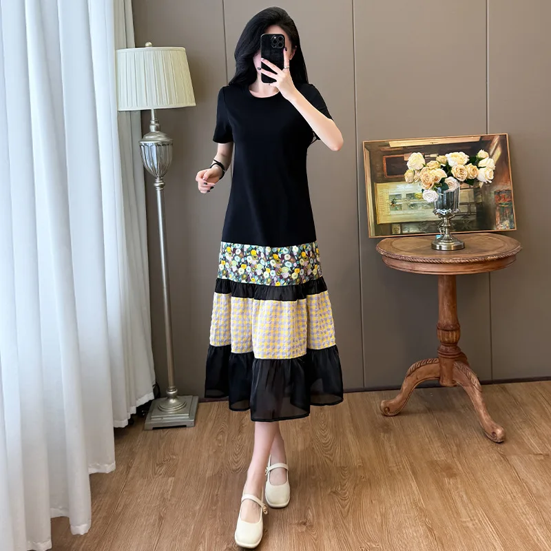 

Повседневные свободные сетчатые платья в клетку с круглым вырезом и короткими рукавами с цветочным принтом Новые летние женские платья Новые корейские платья макси для женщин