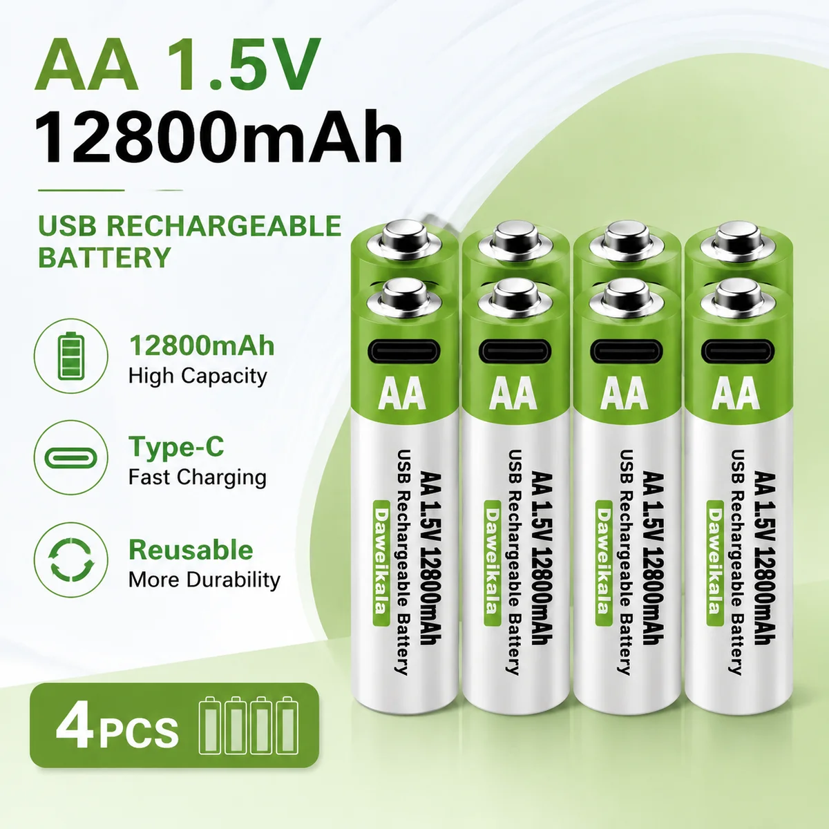 

Rechargeable AA Li-ion Battery 1.5V 12800mAh USB Cell With Included Type-C Cable For Remote Control Mouse Electric Toy Devices