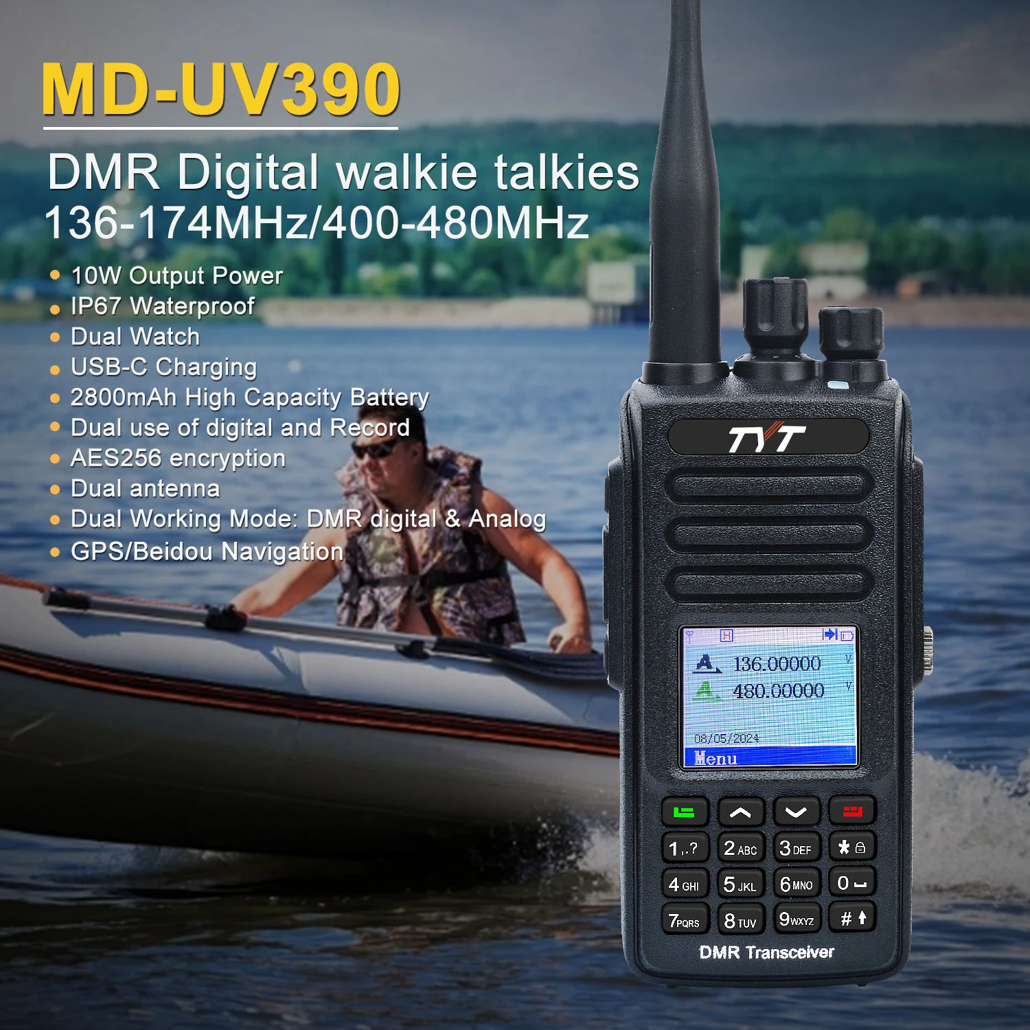 Imagem -03 - Tyt-walkie Talkie Digital e Analógico com Usb-c Bateria Md-uv390 Gps 10w Ip67 Impermeável Dual Band Aes256 Registro de Criptografia Dmr 2800mah