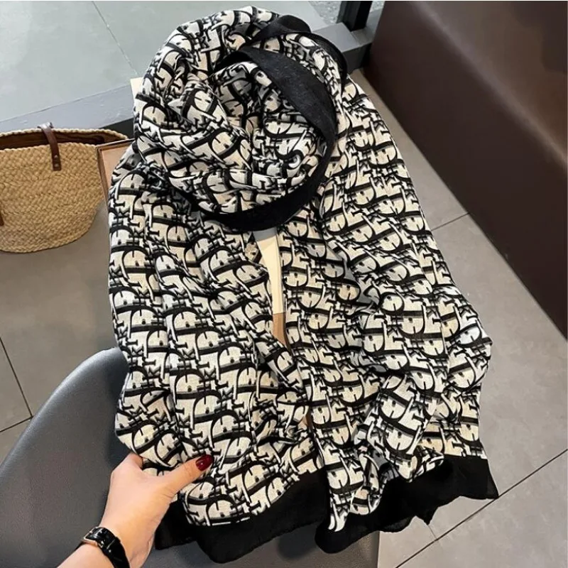 2024 Hot Sale Women\'s Long Shawls And Scarves Letters Pattern Large Size Cotton and Linen Scarf Soft and Warm Winter Scarf