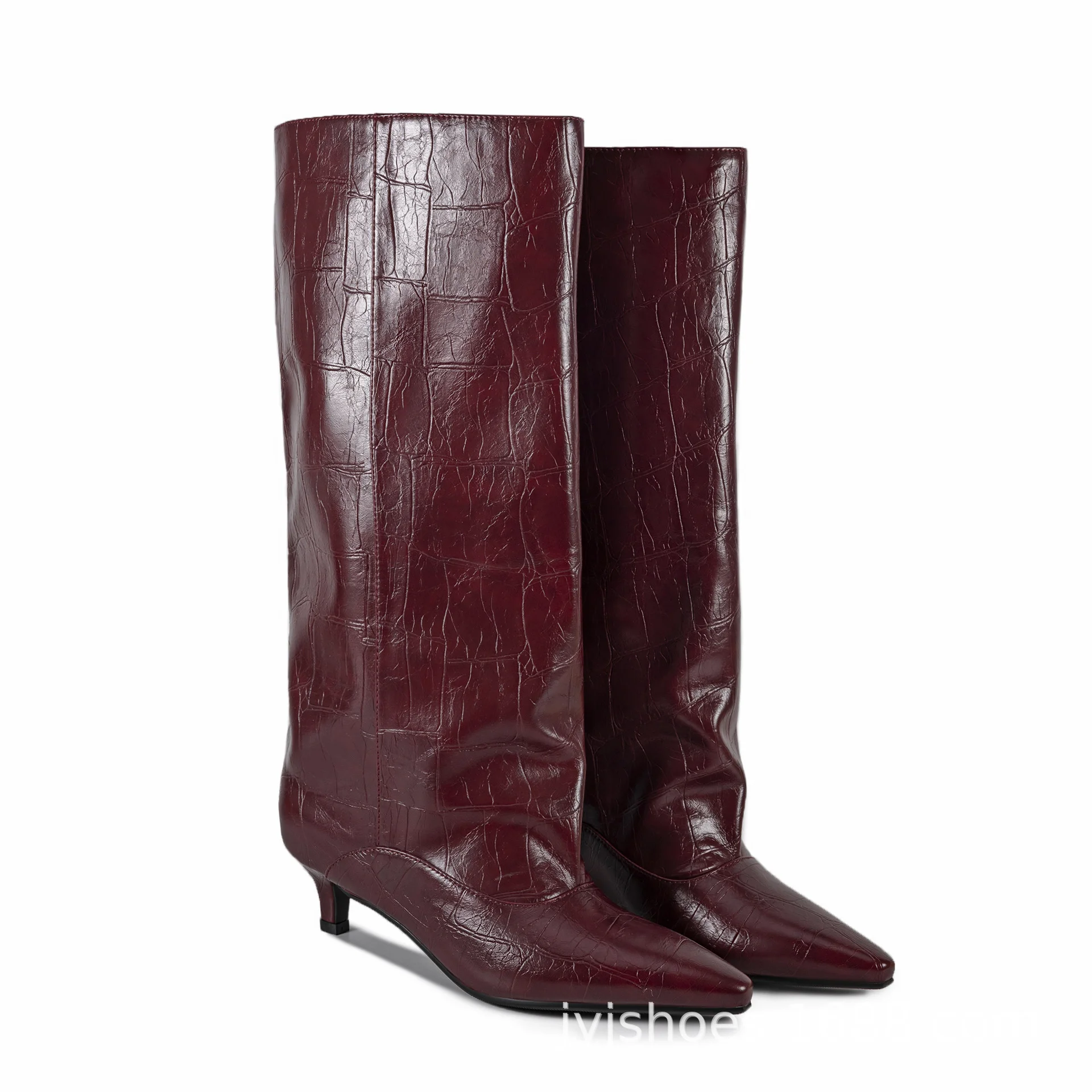Ladies' Spring and Autumn New Cat Heel Wide Leg Knee Knee Boots Fashion Pointed Women's 35-45 Large Low Heel Middle Leg Boots image 4
