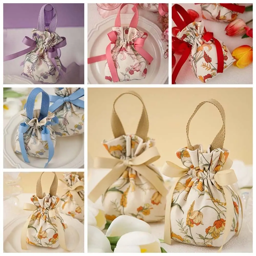 Bolsa de lona con cordón Floral, bolso de gran capacidad con asa superior, Cubo de azúcar festivo, bolsa de dulces de boda, bolsa de muñeca de flores, Festival