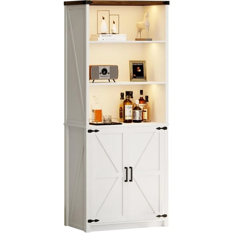 White Tall Bookcase with Doors and Shelves, Farmhouse Vintage Bookshelf Led Lights Storage Cabinet, Wood Display Book Cases