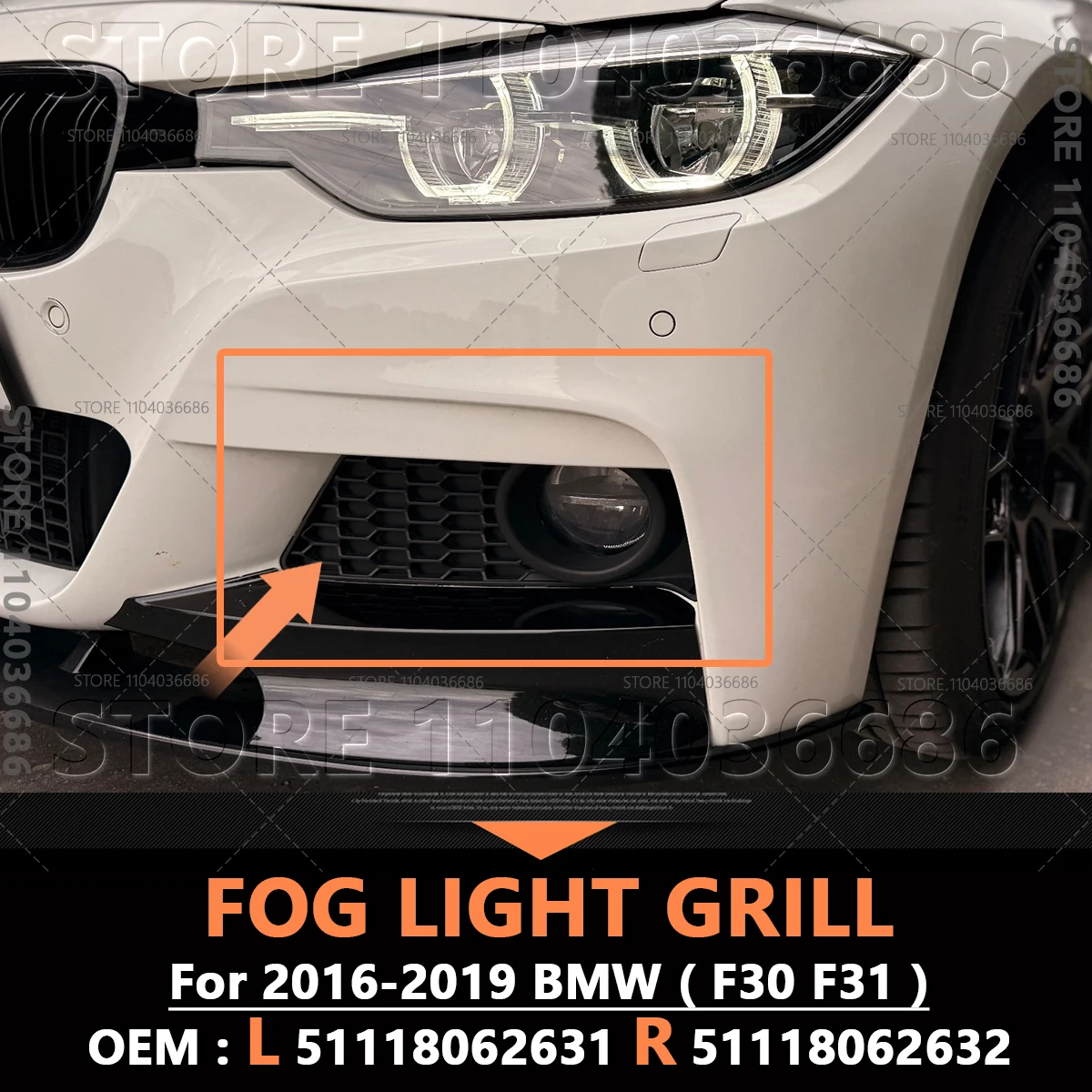 

For 2016-2019 BMW 320i 328i 328d 328dx 330i 330e 340i (F30 F31) Front Bumper Fog Light Grill Grille 51118062631 51118062632