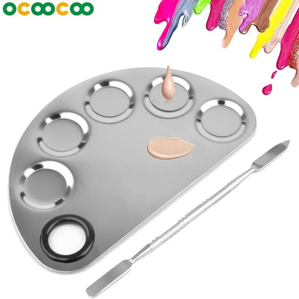 Stainless Steel 6 Holes Color Mixing Palette Makeup Artist Nail Eye Shadow Mixing Palette Spatula Nail Glue Painting Palette