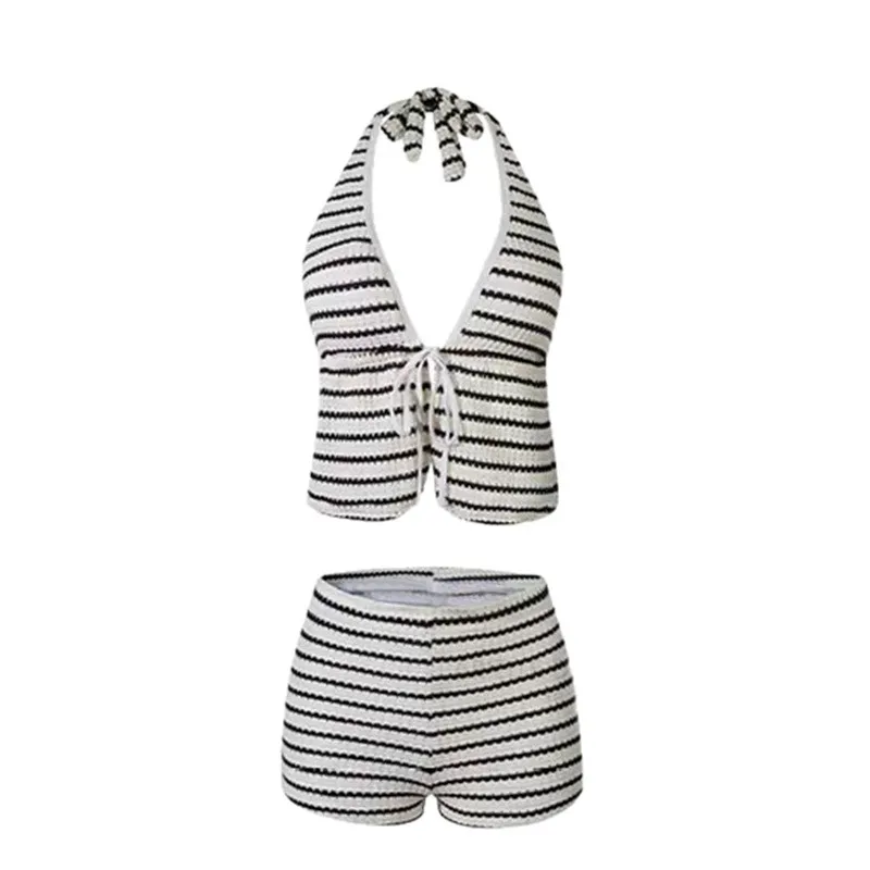 

sexy striped ribbed shorts bikinis sets two pieces halter tie vest swimsuits swimwear women beach outfits bathing suit biquini