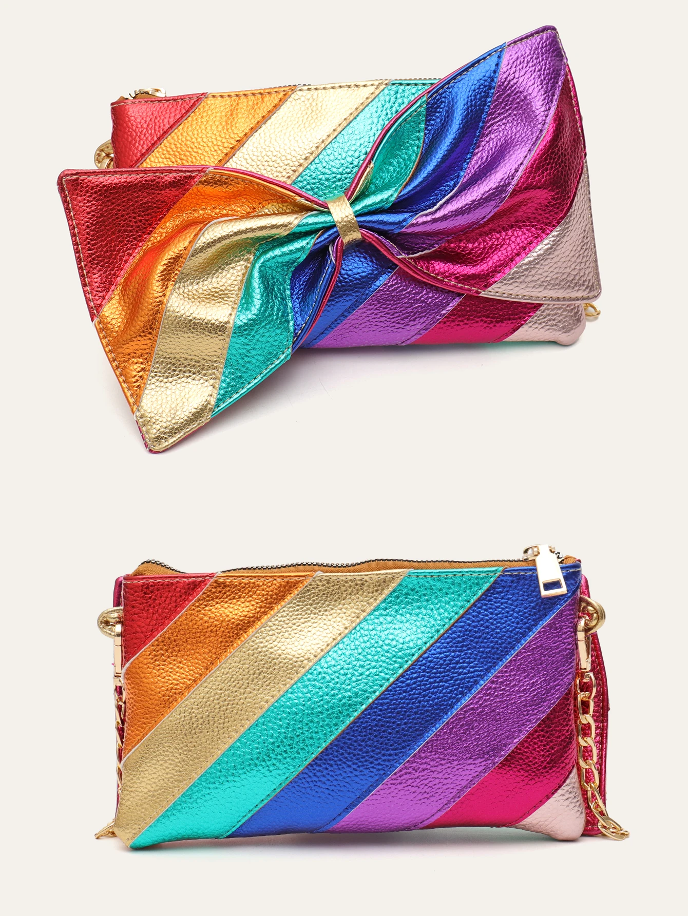 Luxury Metallic Vegan Leather Handbag Colorful Stripes Patchwork Sweet PU Bow knot Clutch Metal Chain Crossbody Bag Funky Y2K