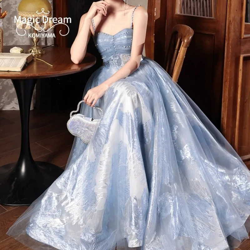 Customized Temperament Evening Dress Blue Suspender Female Elegant Luxury Adult Banquet Prom Dresses Slim Waist Sling Wed Party